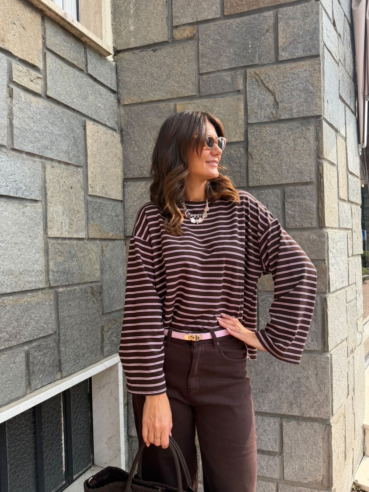 Maglia righe marrone e rosa